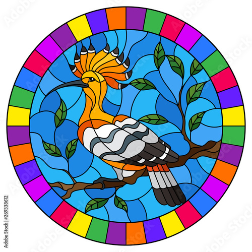 Illustration in stained glass style with hoopoe bird sitting on a tree branch against the sky, round image in bright frame 