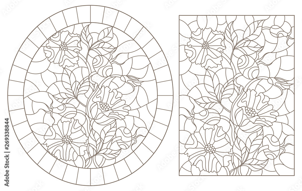 A set of contour illustrations of stained glass Windows with flowers and berries of rose hips, dark contours on a white background