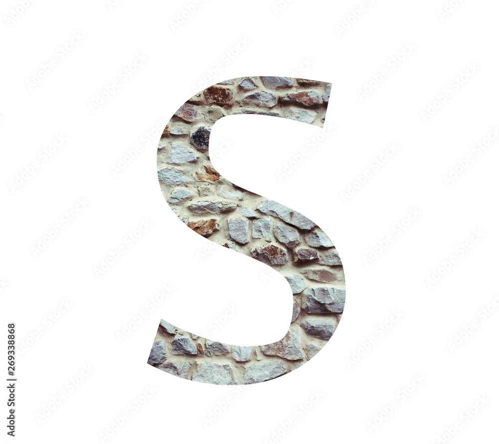 Stone font letter S isolated on white background. Letters and symbols. Textured materials. Stone font letter S isolated on white background. Letters and symbols. Textured materials.