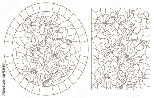 A set of contour illustrations of stained glass Windows with flowers and berries of rose hips, dark contours on a white background