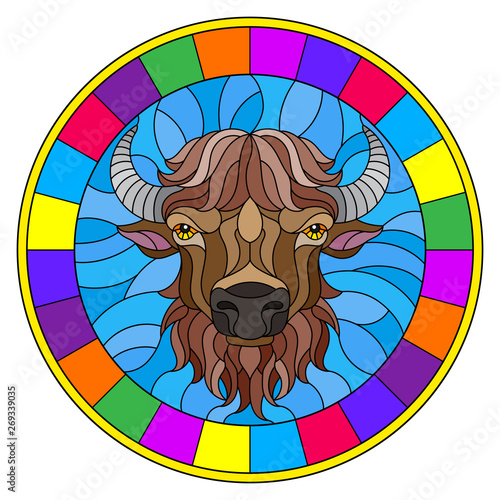 Illustration in stained glass style with bison head in round frame on white background