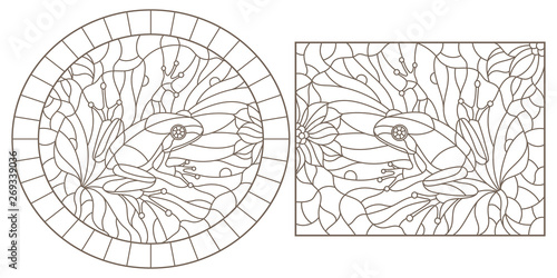 Set of contour illustrations of stained glass Windows with frogs on plants, dark contours on a light background