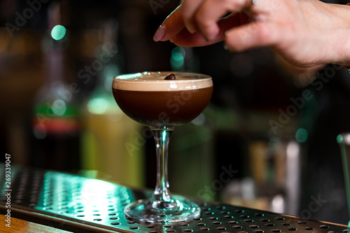 Cocktail espresso martini based on coffee, liqueur coffee and vodka