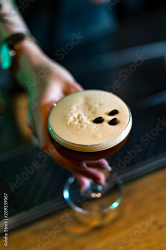 Cocktail espresso martini based on coffee, liqueur coffee and vodka