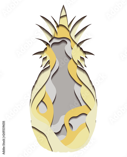 Paper illustration of pineapple cut out of paper. 3d multilayer drawing. Vector element for banners, menus and your design.
