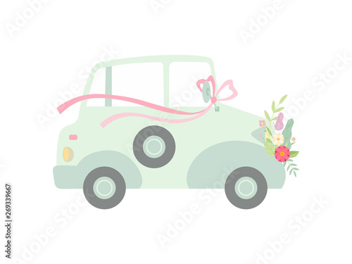 Vintage Car Decorated with Bow and Flowers, Wedding Retro Auto, Side View Vector Illustration