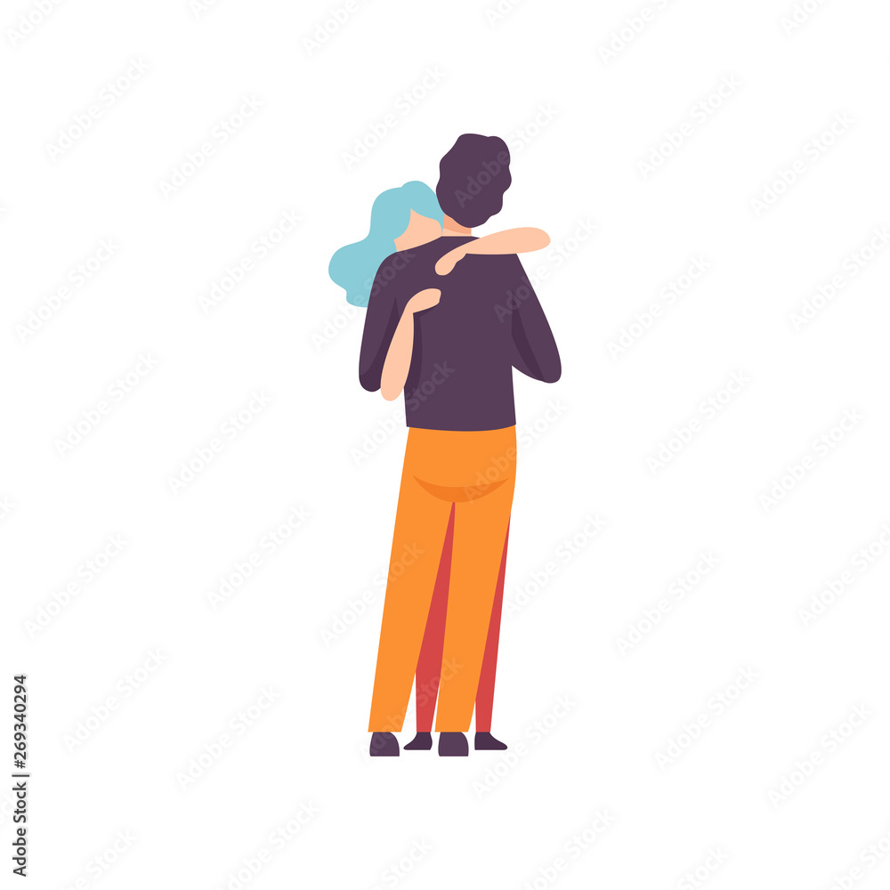 Young Man and Woman in Love Hugging, Happy Romantic Couple on Date, Back View Vector Illustration