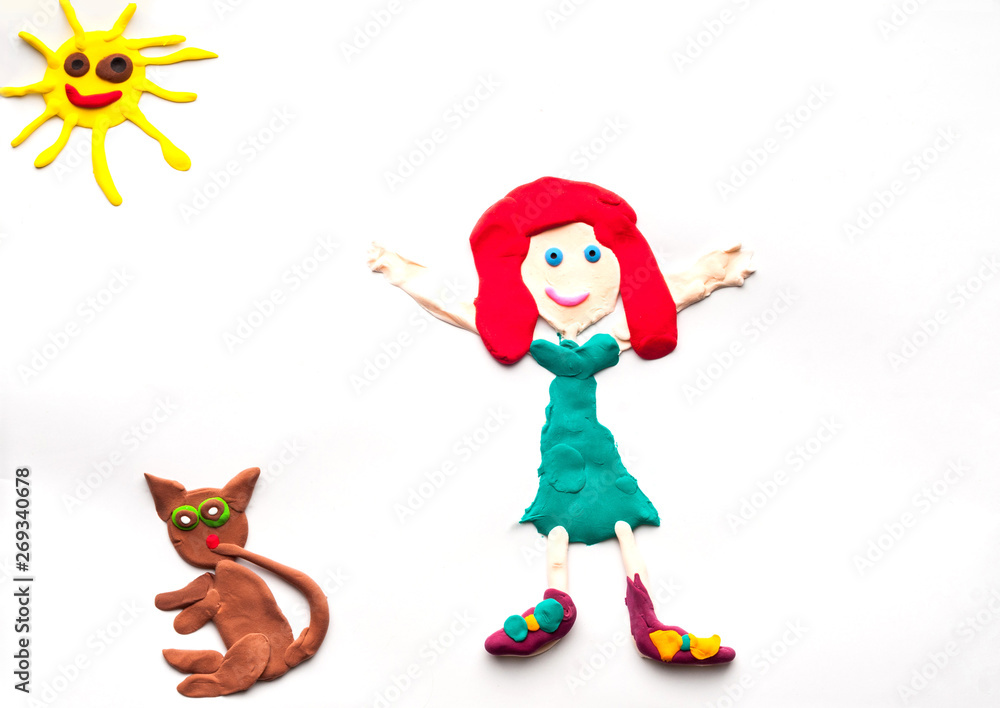 girl, cat, sun from plasticine on a white background girl, cat, sun from plasticine on a white background