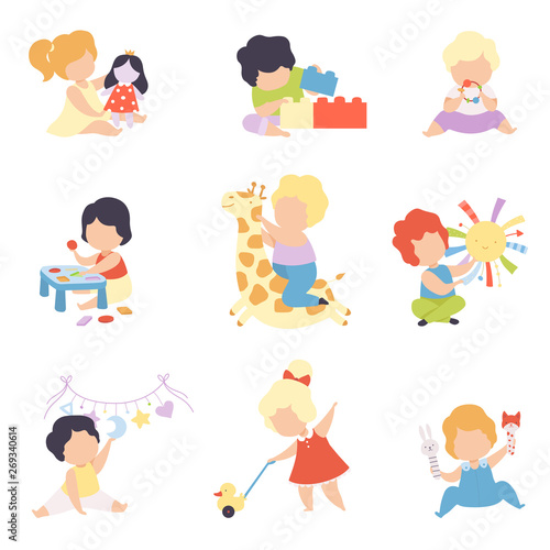Cute Little Kids Playing with Toys Set  Toddler Boys and Girls Playing with Doll  Blocks  Stuffed Toys  Sorter  Rattle Vector Illustration