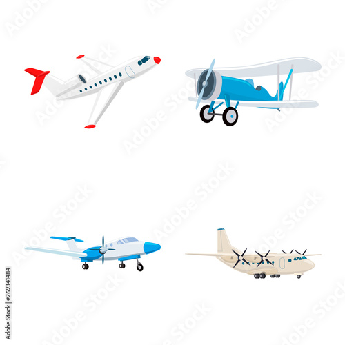Vector design of plane and transport sign. Set of plane and sky vector icon for stock.