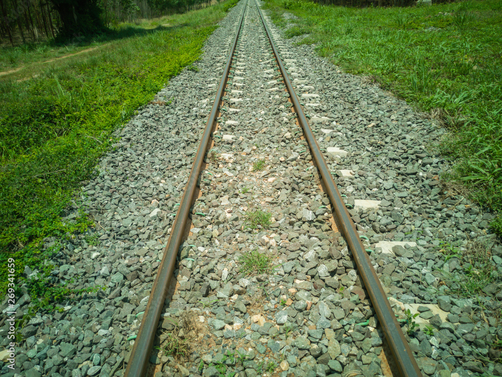 Railroad and green grass.