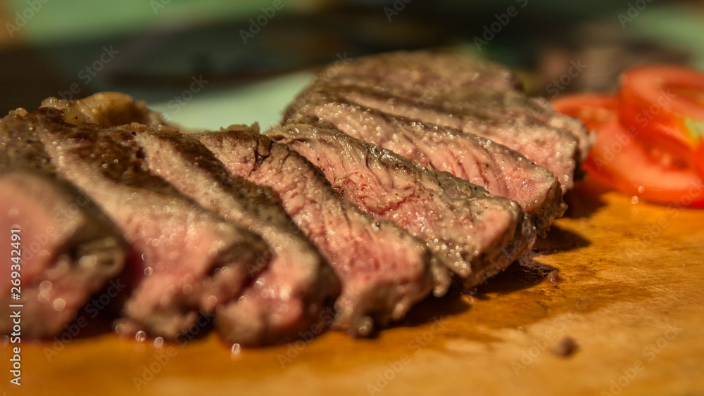 Sliced juicy beef steak, close up