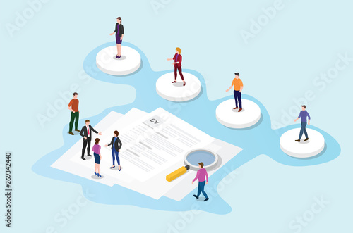 recruitment or recruiting process concept with team select people candidate with cv paper document - vector photo