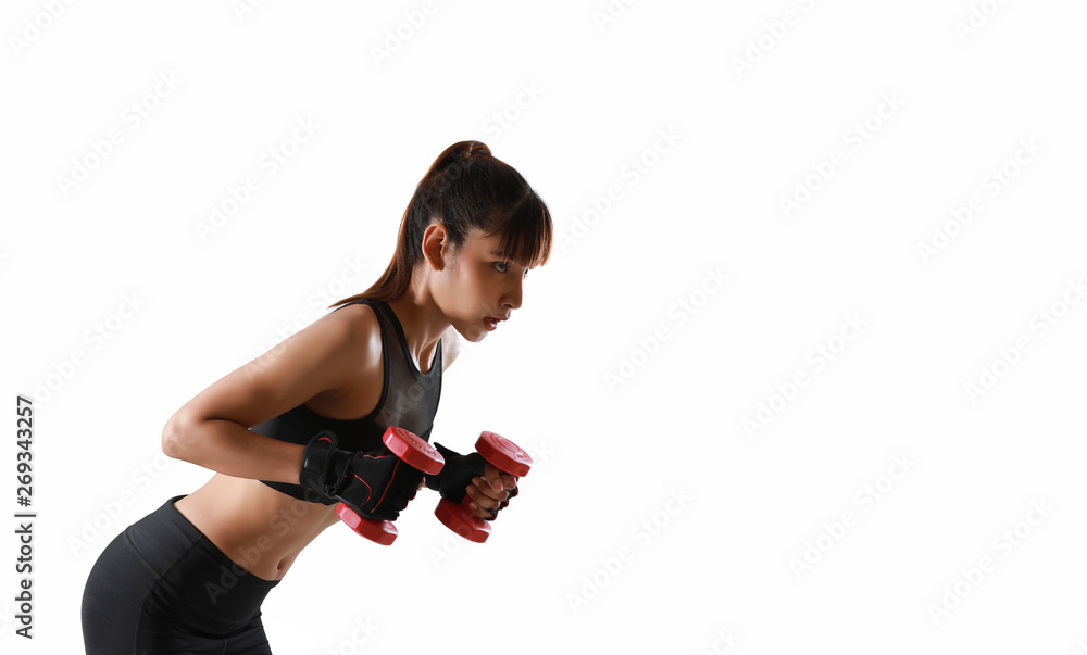 Portrait of sexy young Asian woman with dumbbell on hand in sport uniform during training on white background. Portrait of sexy young Asian woman with dumbbell on hand in sport uniform during training on white background.