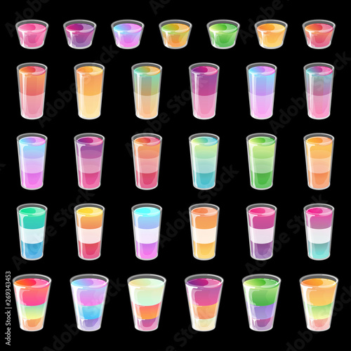 Set of cocktail jelly shots. Bright multicolored gradient jelly in glossy cartoon style. Vector illustration isolated on black background.