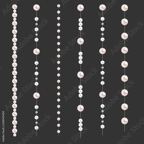 Set of pearl borders isolated on gray background. Vector dividers for decoration, wedding invitation or greeting cards, banners.
