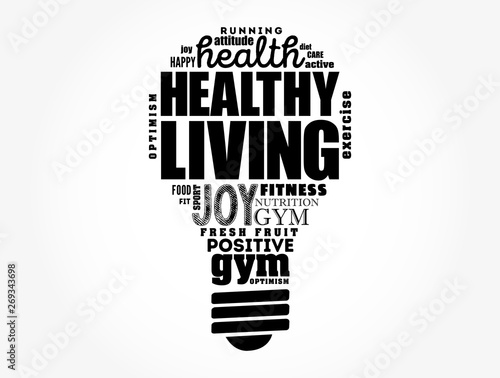 Healthy Living light bulb word cloud, health concept background