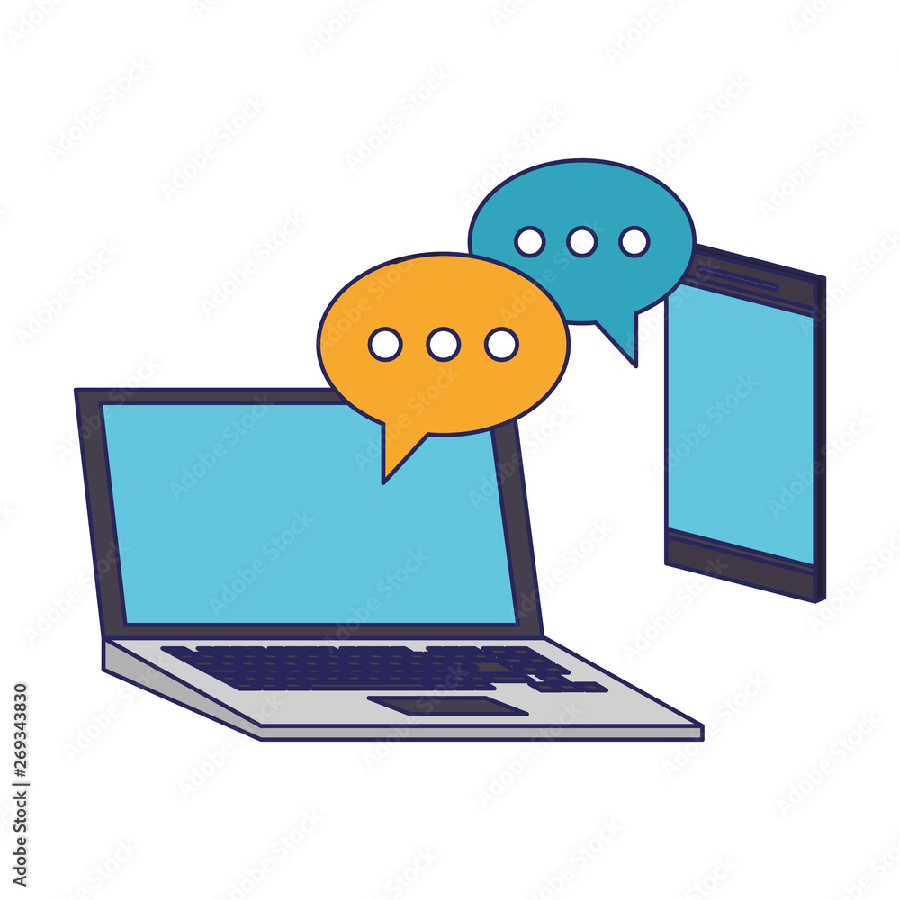 Smartphone and laptop chat bubbles blue lines Smartphone and laptop chat bubbles blue lines