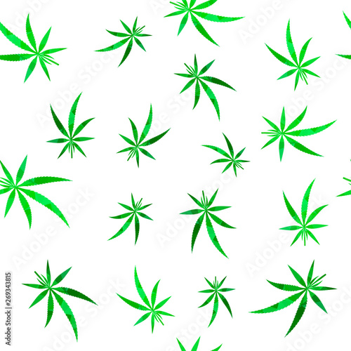 Green Cannabis Leaves Background. Green Medical Marijuana Seamless Pattern