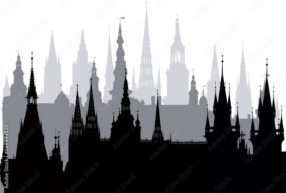 large old castle silhouettes on white