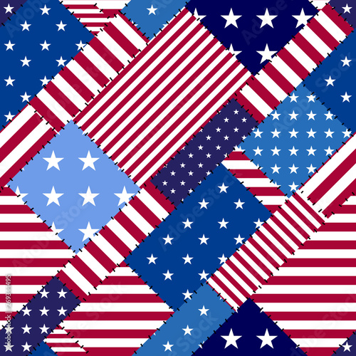 Seamless vector image. Imitation of a patchwork of a USA flag patterns.