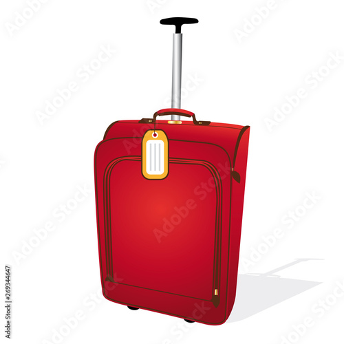 Red cabin suitcase with tag. Vector illustration.