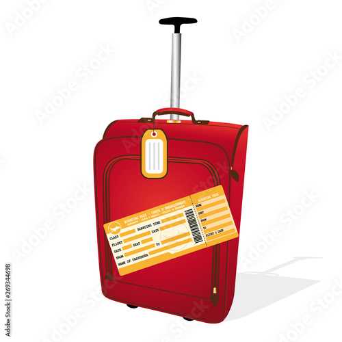 Red cabin suitcase with airline ticket. Vector illustration.