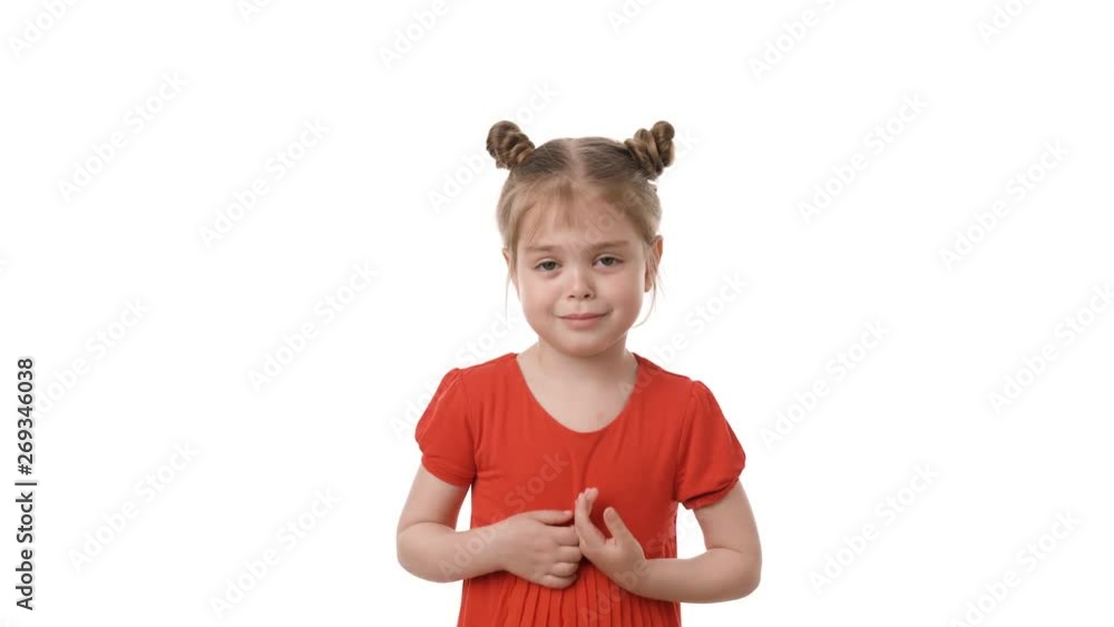 Video portrait of a frustrated litttle girl in red dress isolated on white background. Childhood concept. Studio shot of child emotions in 4K definition. Video portrait of a frustrated litttle girl in red dress isolated on white background. Childhood concept. Studio shot of child emotions in 4K definition.