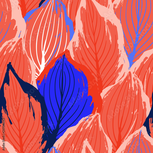 Abstract vector seamless pattern of exotic leaves in vivid colors.