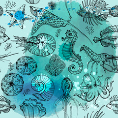 Fototapete Maritime Tiermuster Aquarell Tiefseebewohner Unterwassermuster  © mirifadapt