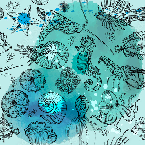 Seamless pattern with watercolor deepwater living organisms