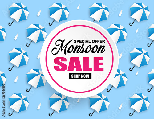 monsoon season sale. design with raining drops and umbrella on blue background. paper art style .Vector.