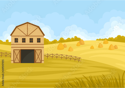 Beige barn in a field with a haystack. Vector illustration on white background.