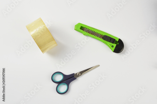 Work tools duct tape, scissors, utility knife