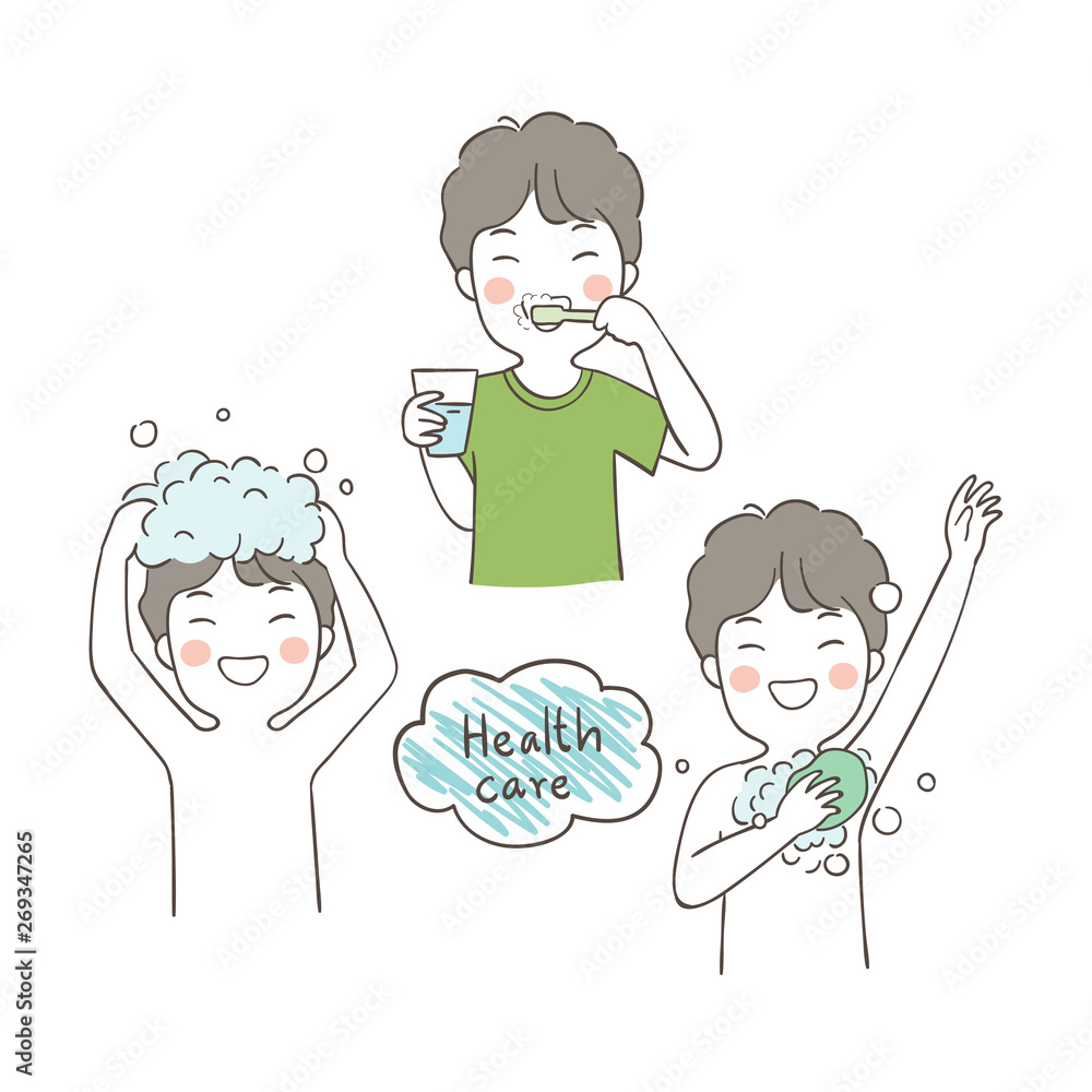 Draw a boy taking a shower,brushing teeth and wash  Stock Vector |  Adobe Stock