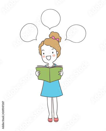 Draw a girl reading and saying with blank speech bubble.