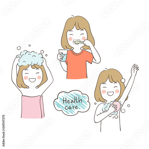 Draw a girl taking a shower,brushing teeth and wash hair.
