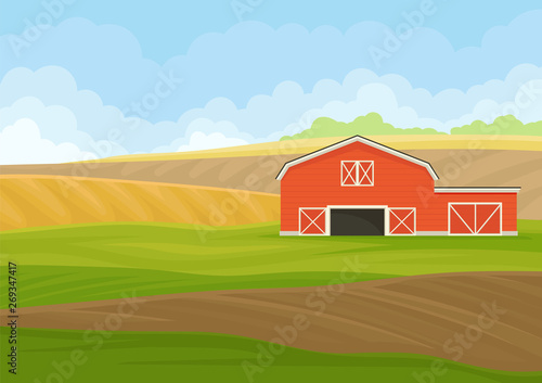 Red wooden shed with garage in the field. Vector illustration on white background.