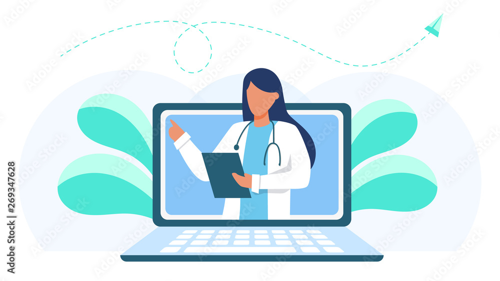 Online medical consultation and support. Online doctor. Healthcare services, Ask a doctor. Family doctor, gynecologist with stethoscope on the laptop screen. Pharmacy. Vector for web site, app Online medical consultation and support. Online doctor. Healthcare services, Ask a doctor. Family doctor, gynecologist with stethoscope on the laptop screen. Pharmacy. Vector for web site, app