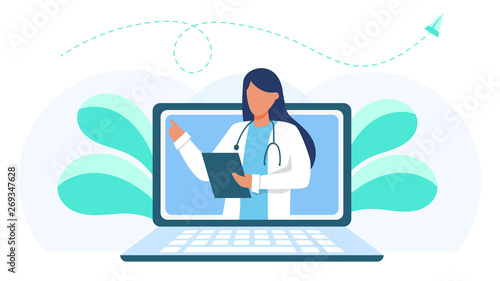 Online medical consultation and support. Online doctor. Healthcare services, Ask a doctor. Family doctor, gynecologist with stethoscope on the laptop screen. Pharmacy. Vector for web site, app