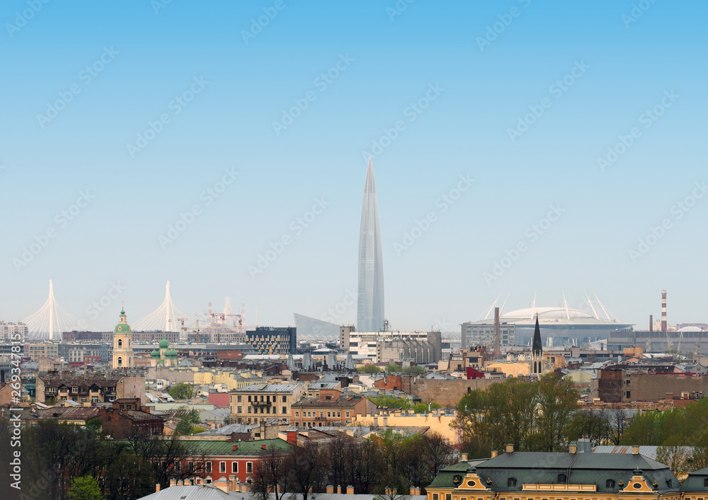 Modern skyline of Saint Petersburg. Cable bridge, Gazprom Arena stadium, Lakhta Center skyscraper or Gazprom Tower