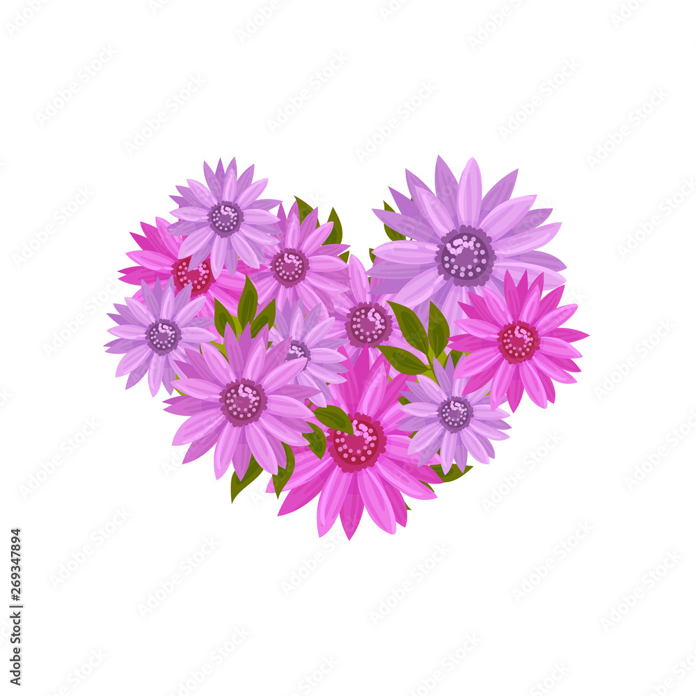 Composition in the form of heart of violet flowers. Vector illustration on white background. Composition in the form of heart of violet flowers. Vector illustration on white background.