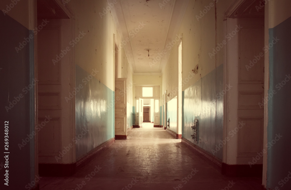 Abandoned long corridor and room in old shabby house Abandoned long corridor and room in old shabby house