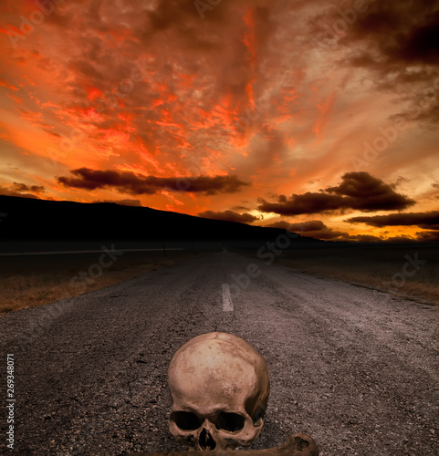 Halloween background - skull on the road and red sunset