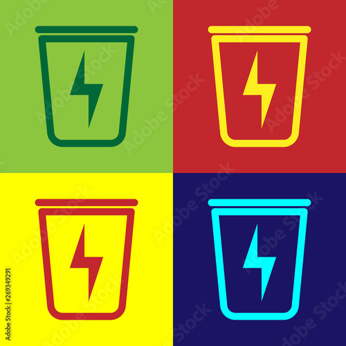 Color Lightning with trash can icon isolated on color backgrounds. Waste to energy. Garbage bin sign. Recycle basket sign. Vector Illustration