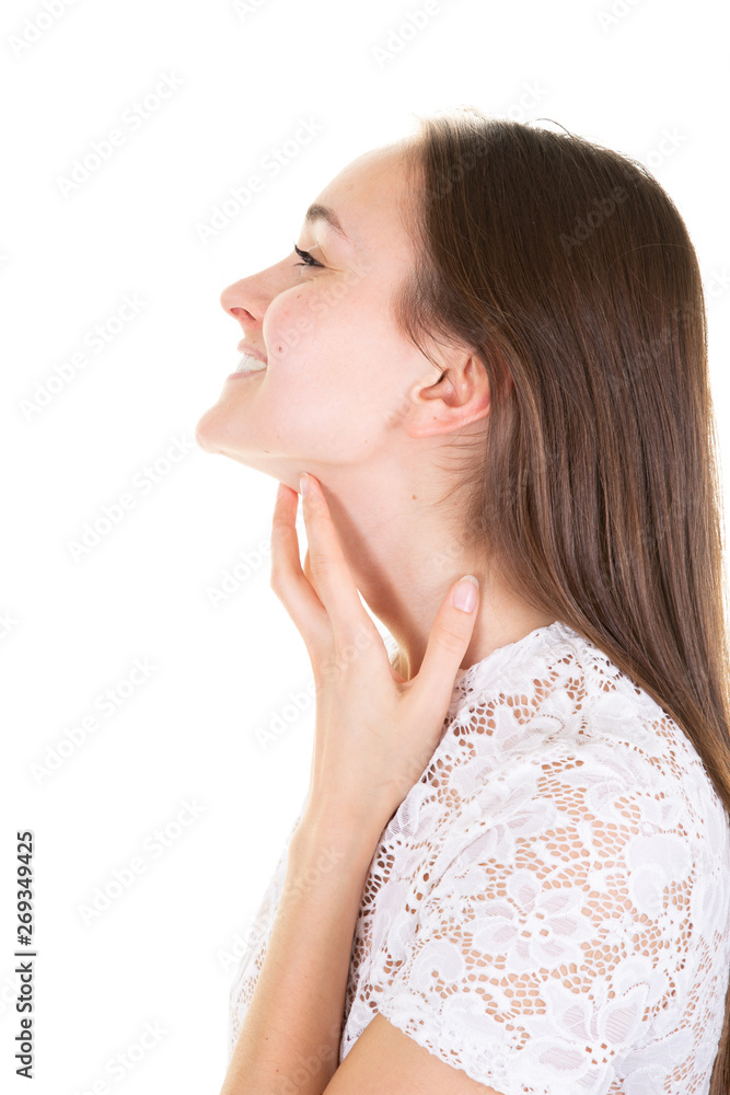 Beautiful young woman touching skin neck profile view Beautiful young woman touching skin neck profile view