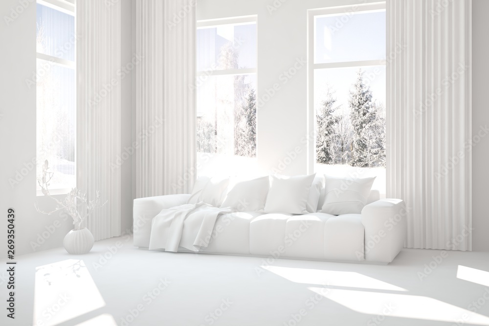 Mock up of stylish room in white color with sofa and winter landscape in window. Scandinavian interior design. 3D illustration Mock up of stylish room in white color with sofa and winter landscape in window. Scandinavian interior design. 3D illustration