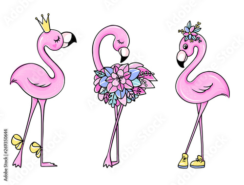 Vector cute Pink flamingos set with crown and flowers.