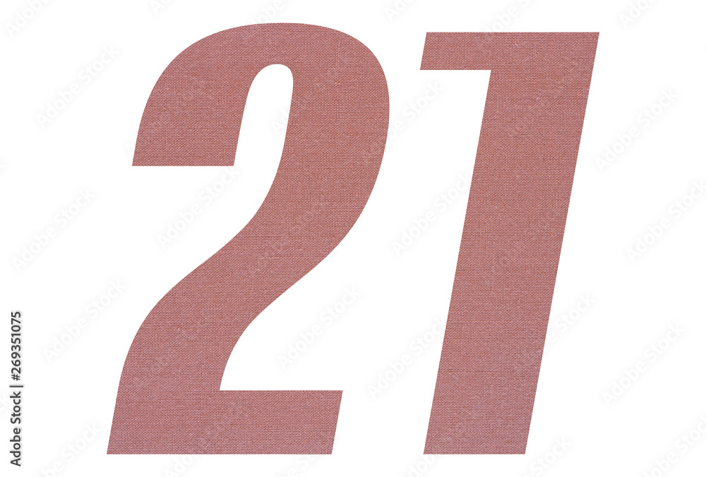 Number 21 with terracotta colored fabric texture on white background Number 21 with terracotta colored fabric texture on white background