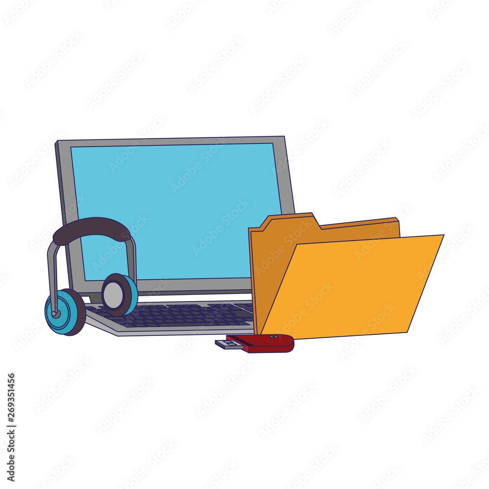 Laptop with music folder and headphone usb blue lines Laptop with music folder and headphone usb blue lines
